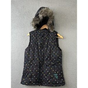 Burton Dryride Vest Womens Medium Black Faux Fur Hooded Full Zip Geometric Ski